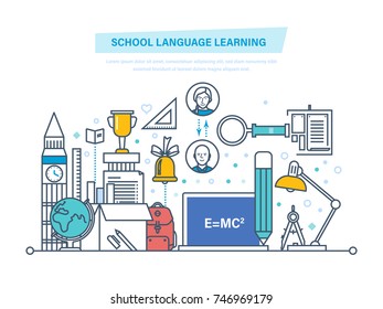 School language learning concept. Language school training program, study foreign language abroad, internet lessons. Learning technologies, remote online courses. Illustration thin line design.