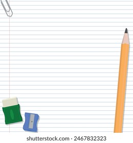 School Layout - Big Pencil, Sharpener and Eraser on Notebook Paper Background. Square Shape.