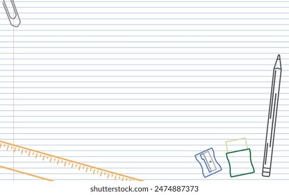 School Layout - Colored Outline Drawings of School Supplies on Notebook Paper Background - Rulers, Pencil, Sharpener and Eraser. Rectangle Shape.