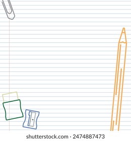 School Layout - Colored Outline Drawings of School Supplies on Notebook Paper Background - Big Pencil, Sharpener and Eraser. Square Shape.