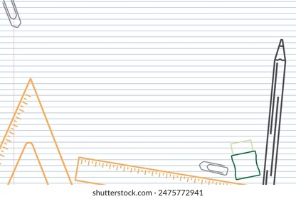 School Layout - Colored Outline Drawings of School Supplies on Notebook Paper Background - Rulers, Pencil, Eraser and Clips. Rectangle Shape.