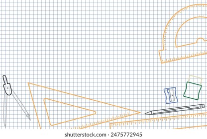 School Layout - Colored Outline Drawings of School Supplies on Squared Paper Sheet Background - Orange, Compass, Pencil, Eraser and Sharpener. Rectangle Shape.