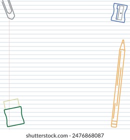 School Layout - Colored Outline Drawings of School Supplies on Notebook Paper Background - Pencil, Sharpener and Eraser. Square Shape.