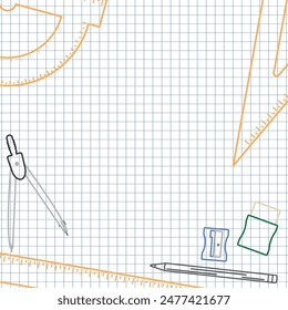 School Layout - Colored Outline Drawings of School Supplies on Squared Paper Sheet Background - Orange, Compass, Pencil, Eraser and Sharpener. Square Shape.