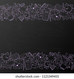 School layout of a flyer - background for school sale with sketchy accessories. Vector.