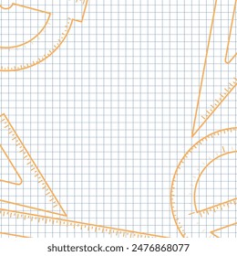 School Layout - Outline Drawings of Different Types of Rulers on Squared Paper Sheet - 30 Centimeters, Triangle Squares, Protractor 180 and 360 Degrees. Square Shape.