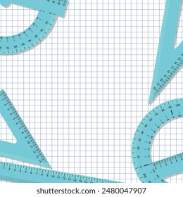 School Layout - Types of Rulers With Numbers on Squared Paper Sheet - 30 Centimeters, Triangle Squares, Protractor 180 and 360 Degrees. Square Shape.