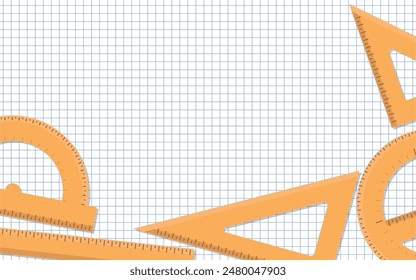 School Layout - Types of Rulers Without Numbers on Squared Paper Sheet - 30 Centimeters, Triangle Squares, Protractor 180 and 360 Degrees. Rectangle Shape.