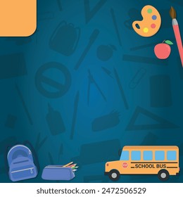 School Layout - Various School Itens on Blue School Supplies Silhouettes Background - Brush, Paint, Backpack, Case, School Bus and Teacher Apple. Square Shape.