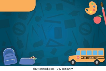 School Layout - Various School Itens on Blue School Supplies Silhouettes Background - Brush, Paint, Backpack, Case, School Bus and Teacher Apple. Rectangle Shape.