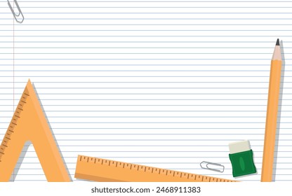 School Layout - Various School Supplies on Notebook Paper Background - Rulers, Pencil, Eraser and Clips. Rectangle Shape.