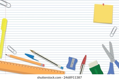 School Layout - Various School Supplies on Notebook Paper Background - Ruler, Pencil, Pen, Sharpener, Eraser, Post It, Scissors, Marker and Clips. Rectangle Shape.