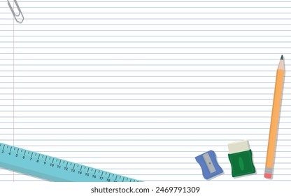 School Layout - Various School Supplies on Notebook Paper Background - Ruler, Pencil, Sharpener and Eraser. Rectangle Shape.