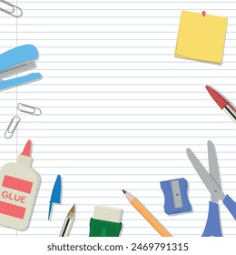 School Layout - Various School Supplies on Notebook Paper Background - Glue, Stapler, Pencil, Pen, Sharpener, Eraser, Post It, Scissors and Clips. Square Shape.