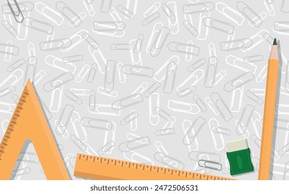 School Layout - Various School Supplies on Messy Gray and White Paper Clips Background - Ruler, Pencil, Eraser and Clips. Rectangle Shape.