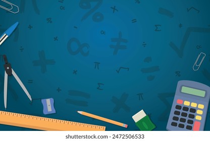 School Layout - Various School Supplies on Blue Background with Mathematical Symbols - Calculator, Ruler, Pencil, Eraser, Sharpener, Pen and Compass. Rectangle Shape.