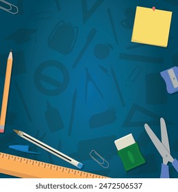 School Layout - Various School Supplies on Blue School Itens Silhouettes Background - Ruler, Pencil, Pen, Sharpener, Eraser, Scissors, Post It and Clips. Square Shape.