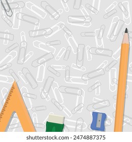 School Layout - Various School Supplies on Messy Gray and White Paper Clips Background - Rulers, Pencil, Eraser and Sharpener. Square Shape.