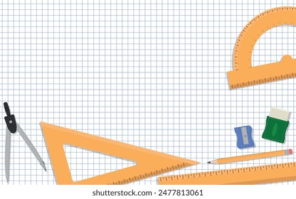 School Layout - Various School Supplies on Squared Paper Sheet - Orange Rulers Without Numbers, Compass, Pencil, Eraser and Sharpener. Rectangle Shape.