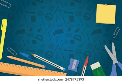 School Layout - Various School Supplies on Blue School Itens Silhouettes Background - Ruler, Pencil, Pen, Eraser, Scissors, Note, Marker and Clips. Rectangle Shape.