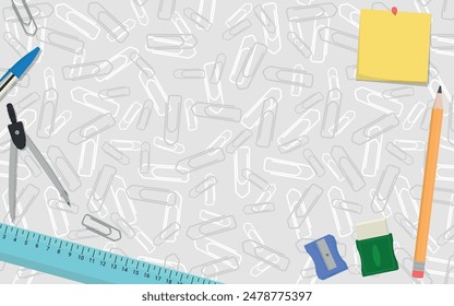 School Layout - Various School Supplies on Messy Gray and White Paper Clips Background - Ruler, Pencil, Eraser, Pen, Sharpener, Compass and Note. Rectangle Shape.