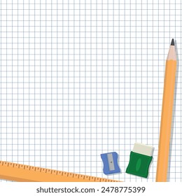 School Layout - Various School Supplies on Squared Paper Sheet Background - Ruler, Pencil, Sharpener and Eraser. Square Shape.