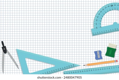 School Layout - Various School Supplies on Squared Paper Sheet - Blue Rulers With Numbers, Compass, Pencil, Eraser and Sharpener. Rectangle Shape.