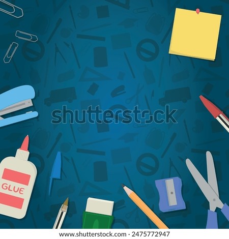 School Layout - Various School Supplies on Blue School Supplies Silhouettes Background - Glue, Stapler, Pencil, Pen, Eraser, Scissor and Post It. Square Shape.