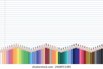 Diseño de la escuela - Onda de lápices de colores debajo en el fondo de papel del cuaderno. Forma Rectángulo.