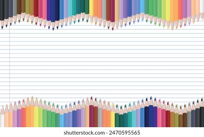 School Layout - Wave of Coloring Pencils Frame on Notebook Paper Background. Rectangle Shape.