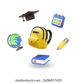School lcons. Yellow backpack backpack, school supplies. Vector illustration. 3d education learning items. Calendar, globe earth book and graduation cap.
