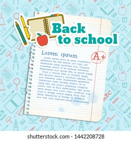 School learning background with paper note text mark supplies on line icons seamless pattern vector illustration