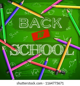 School learning background with sketch inscription hand drawn elements and colorful pencils on green blackboard vector illustration