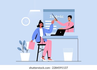 Escolar aprendiendo el concepto azul con la escena de la gente en el diseño de dibujos planos. El profesor explica al estudiante cómo resolver ejemplos matemáticos. Ilustración vectorial.