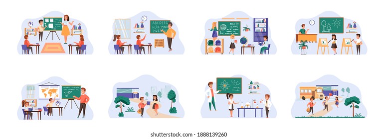 School learning bundle of scenes with flat people characters. Pupils and teacher in classroom conceptual situations. Elementary schools education, chemistry and geography cartoon vector illustration