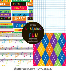 School learning cartoon vector seamless pattern set. Checkered notebook sheet, musician notepad and argyle backgrounds pack. Creative decorative backdrops. Wallpaper, wrapping paper flat design