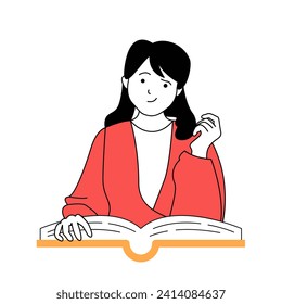 School learning concept with cartoon people in flat design for web. Student reading open book, making homework, learning with textbook. Vector illustration for social media banner, marketing material.