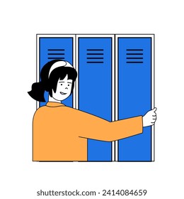 School learning concept with cartoon people in flat design for web. Student using locker for textbook storage, goes to lesson at class. Vector illustration for social media banner, marketing material.