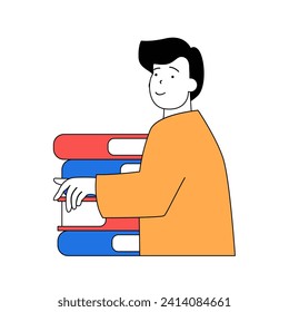 School learning concept with cartoon people in flat design for web. Student with stacks of books making homework, reading at library. Vector illustration for social media banner, marketing material.
