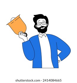 Concepto de aprendizaje escolar con caricaturas en diseño plano para la web. El profesor sostiene la campana y da la bienvenida a los nuevos alumnos con las primeras clases. Ilustración vectorial para banner de medios sociales, material de marketing.