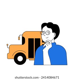 School learning concept with cartoon people in flat design for web. Student going to class and using school bus for transportation. Vector illustration for social media banner, marketing material.