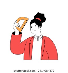 School learning concept with cartoon people in flat design for web. Teacher holds ruler and explaining information at geometry class. Vector illustration for social media banner, marketing material.
