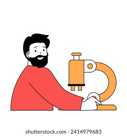 School learning concept with cartoon people in flat design for web. Student making microbiology research with microscope at laboratory. Vector illustration for social media banner, marketing material.