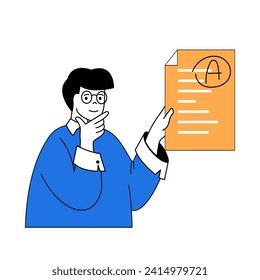 Schullernkonzept mit Cartoon-Menschen in flachem Design für Web. Der Student absolvierte erfolgreich den Test und bekam eine hohe Bewertung. Vektorgrafik für Social-Media-Banner, Marketingmaterial.