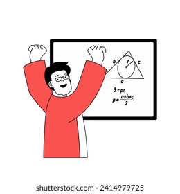 School learning concept with cartoon people in flat design for web. Student solving geometric problems at chalkboard in classroom. Vector illustration for social media banner, marketing material.