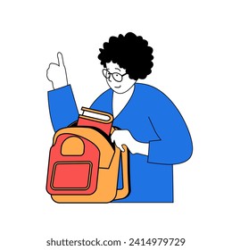 School learning concept with cartoon people in flat design for web. Woman helping pupil to preparing schoolbag with books to lessons. Vector illustration for social media banner, marketing material.