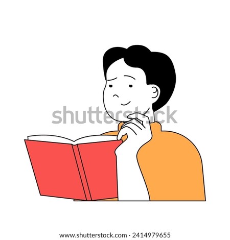 School learning concept with cartoon people in flat design for web. Student reading textbook and researching information to lessons. Vector illustration for social media banner, marketing material.