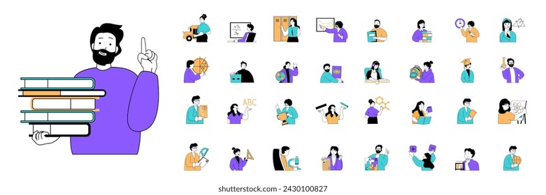 School learning concept with character situations mega set in flat web design. Bundle of scenes people studying lessons and doing homework, students get courses and tutorials. Vector illustrations.