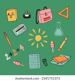 School learning concept color vector doodle hand drawn. Background illustration of school subjects for template, banner, print, poster. Design element