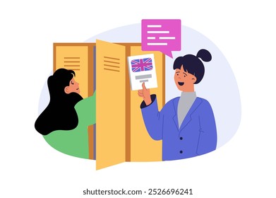 School learning concept in modern flat design for web. Classmates girls talking by lockers, preparing to english language lesson with book, studying together and doing homework. Vector illustration.